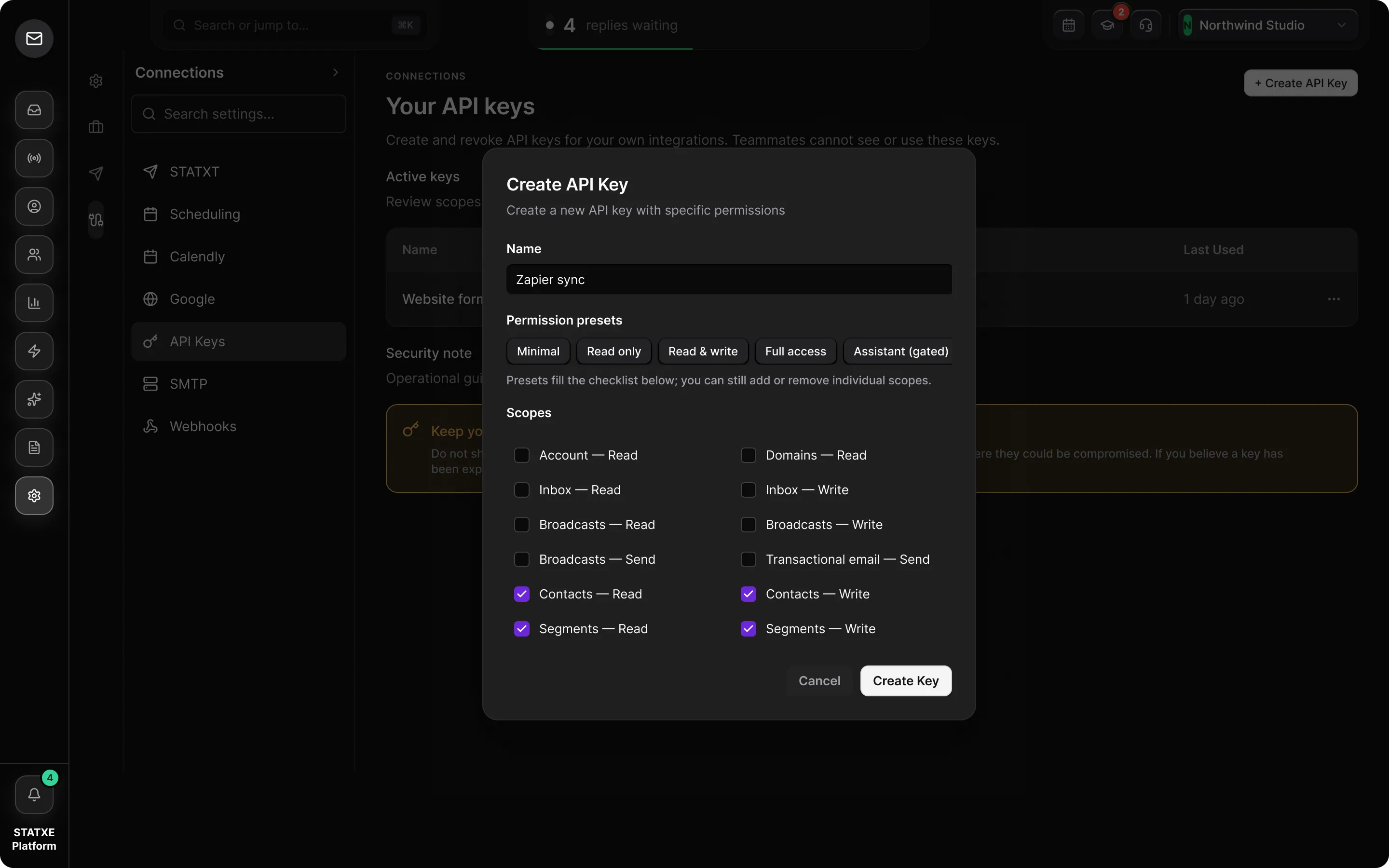 Create an API key — Name the key and choose its scopes