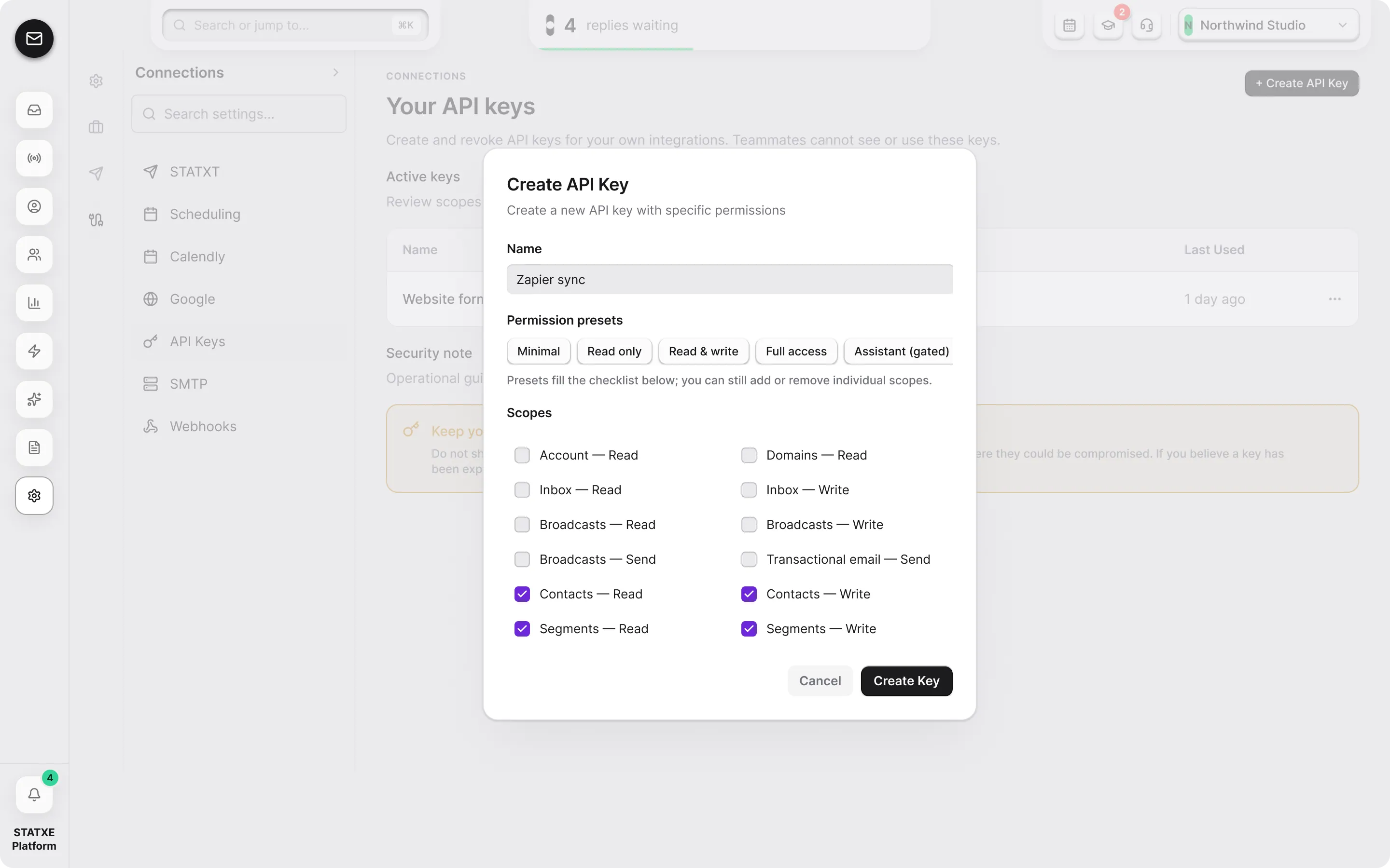Create an API key — Name the key and choose its scopes