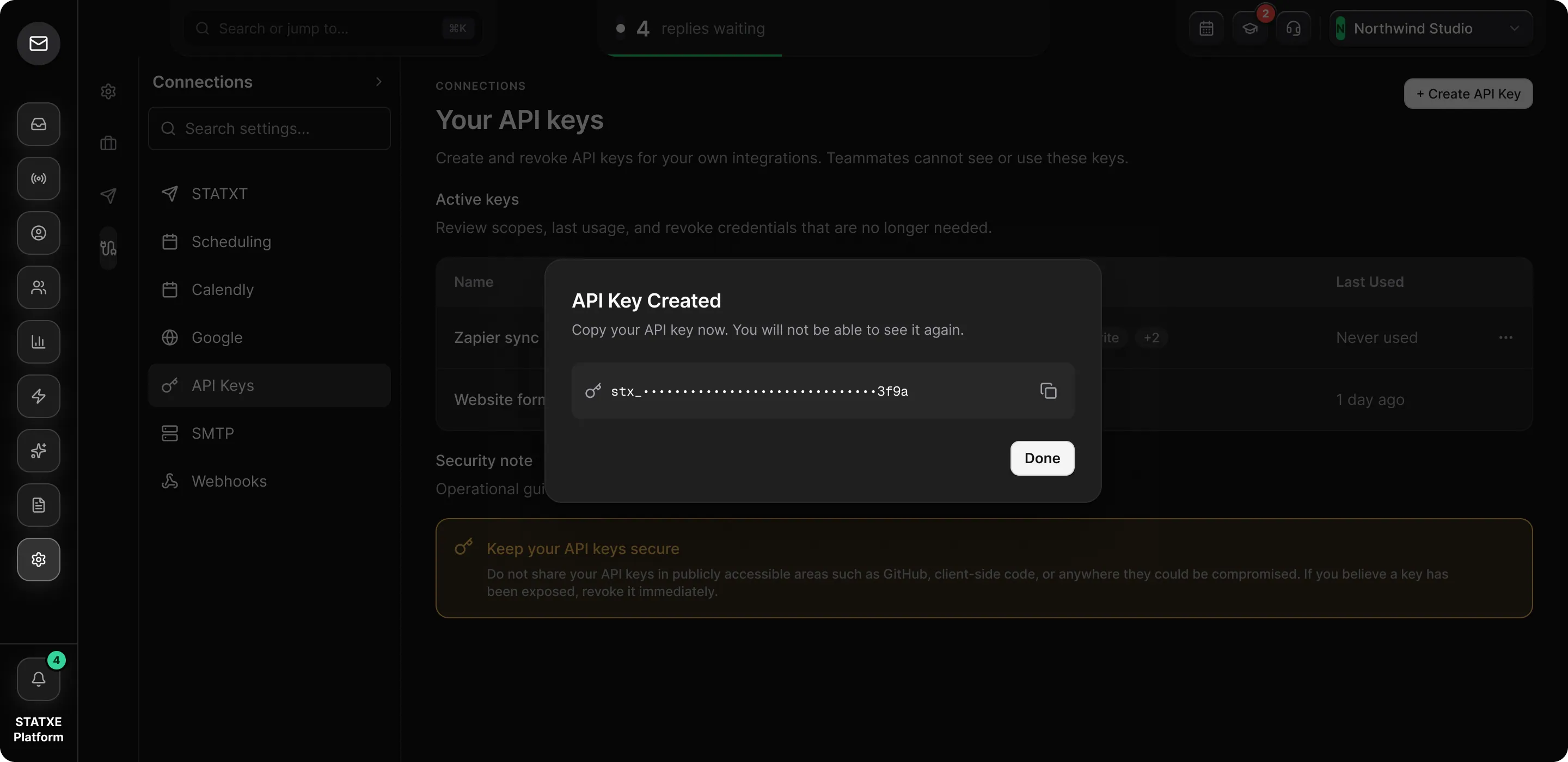Create an API key — Copy the key before you close the dialog