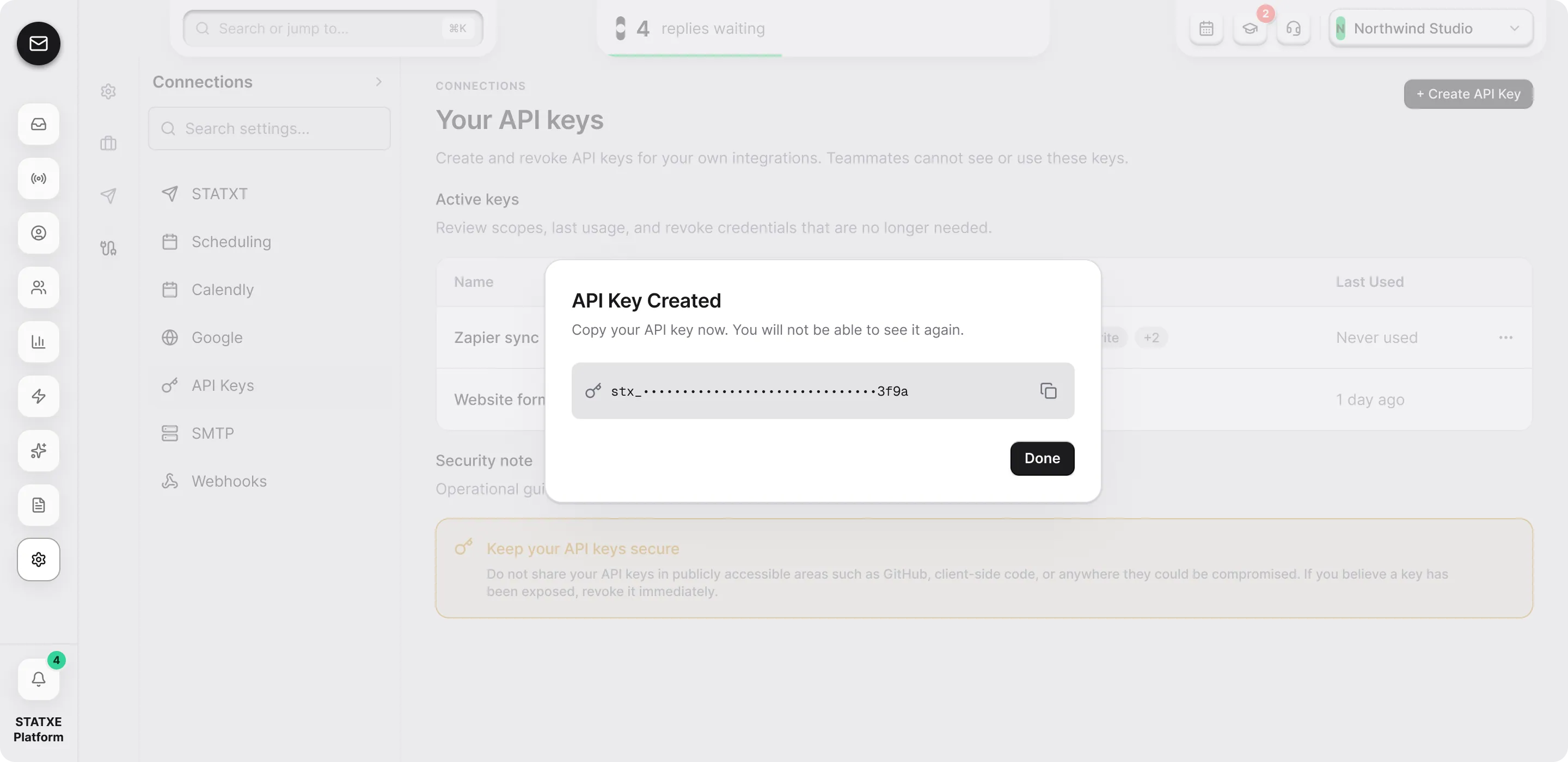 Create an API key — Copy the key before you close the dialog