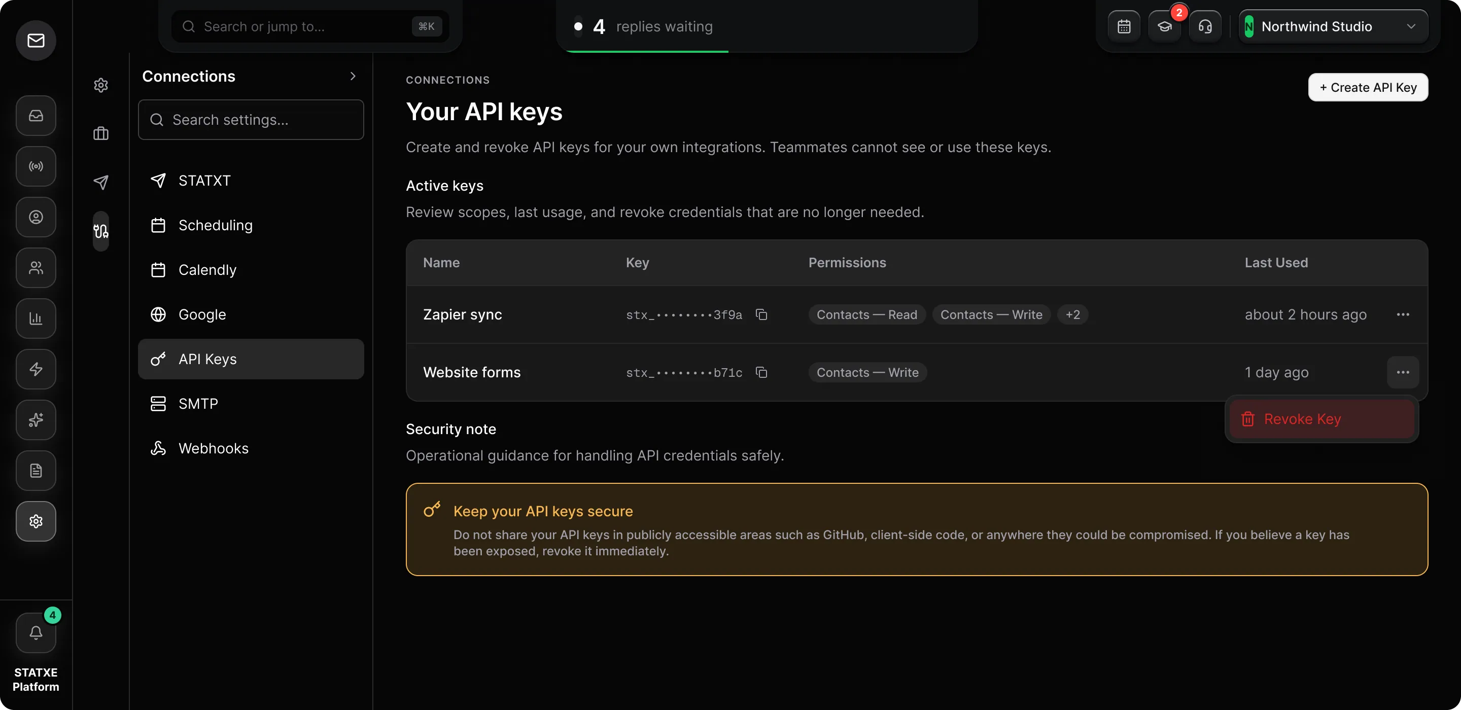 Create an API key — Revoke a key you no longer use
