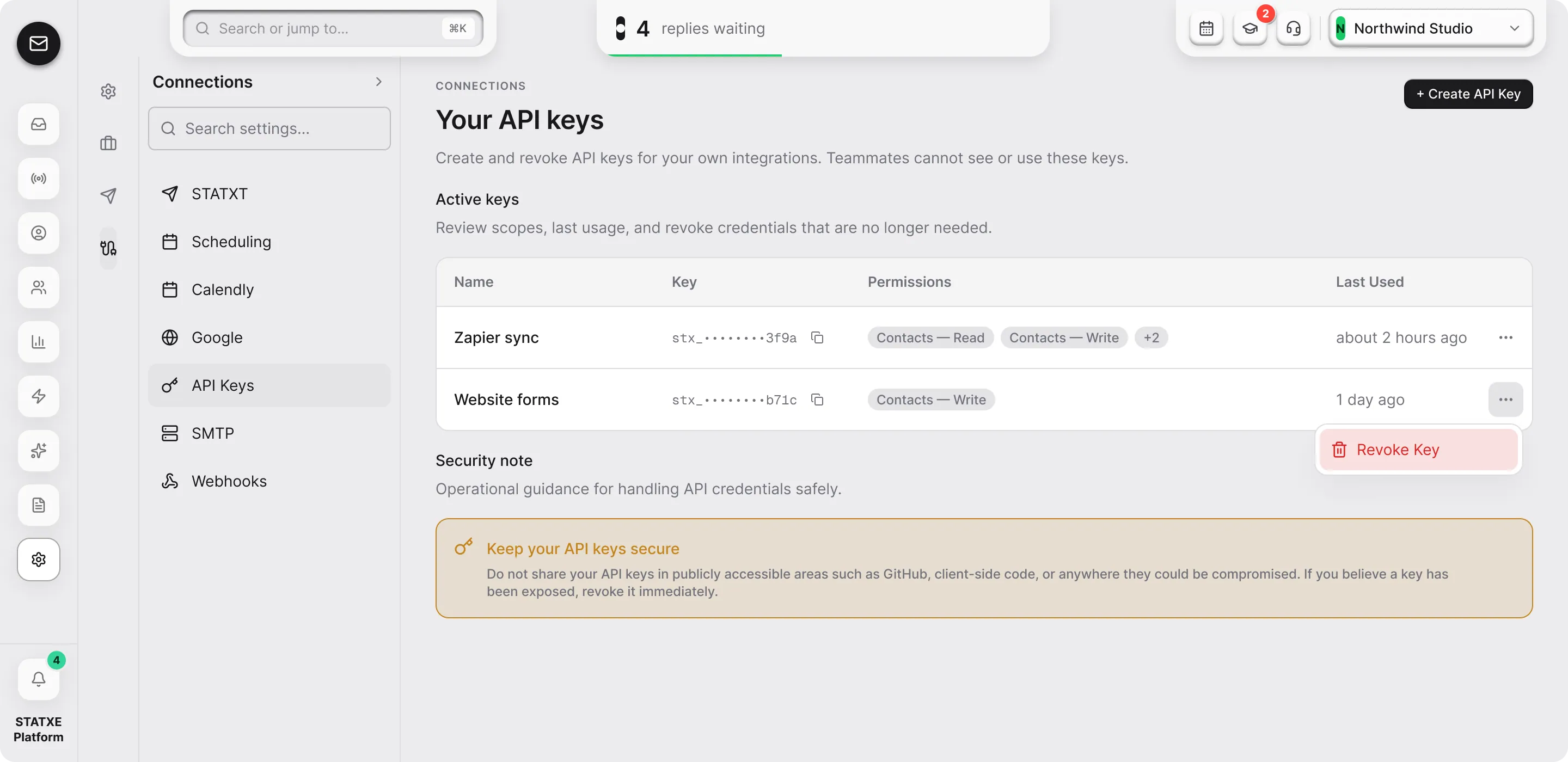Create an API key — Revoke a key you no longer use