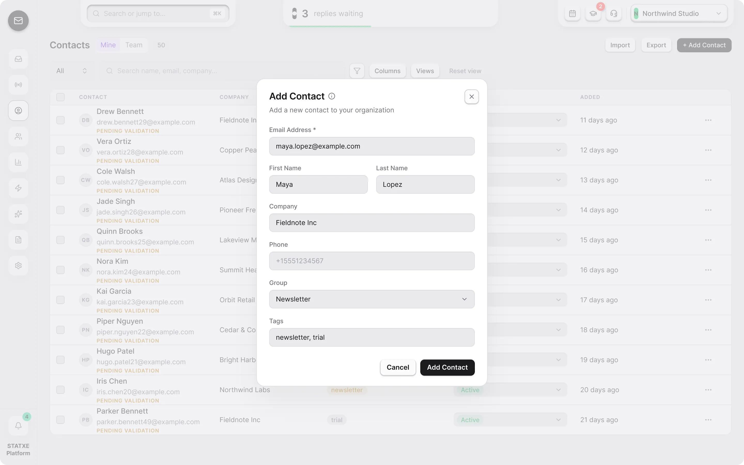 Add contacts — Fill in the contact