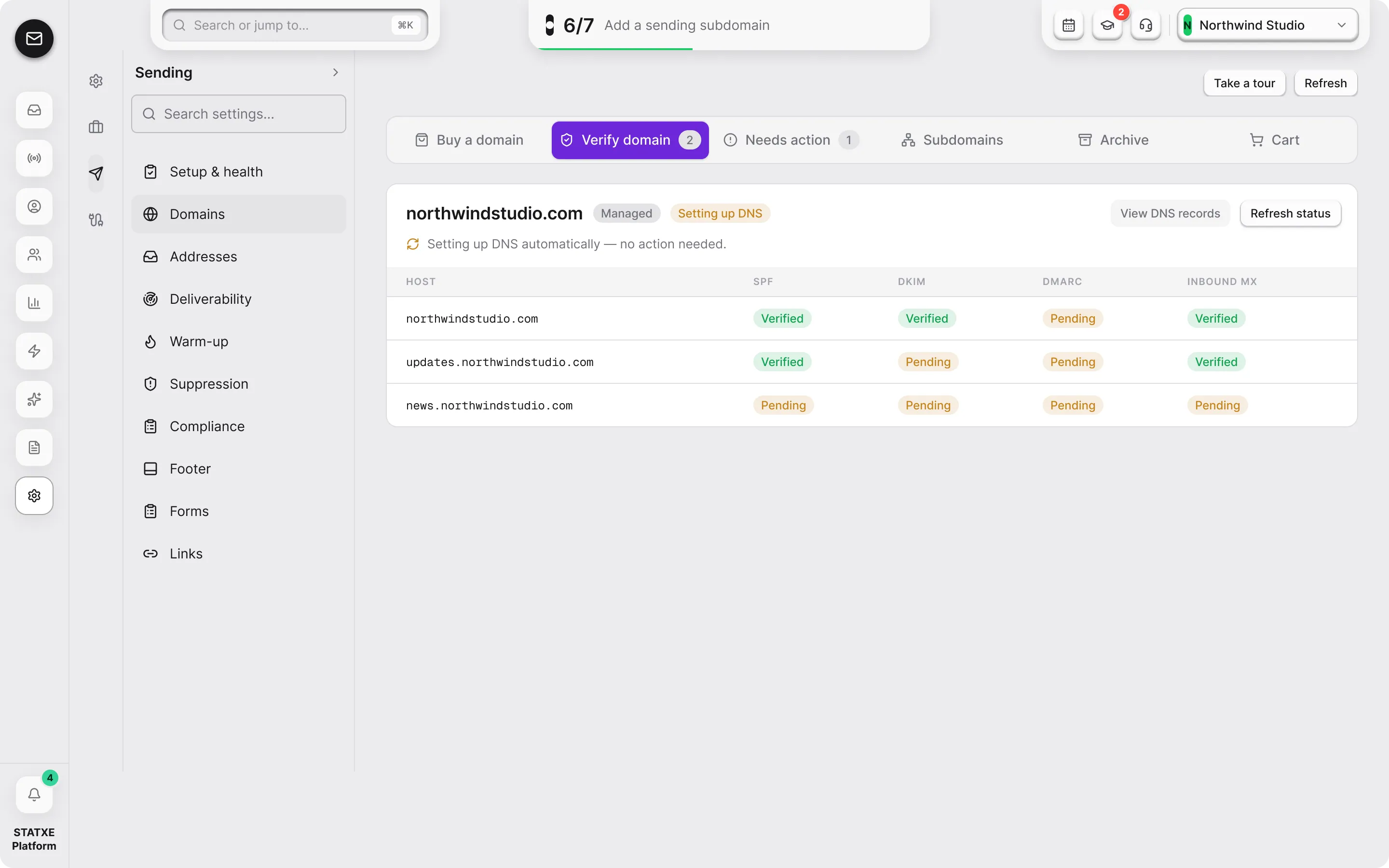 Buy and verify a domain — Let DNS set itself up, then confirm