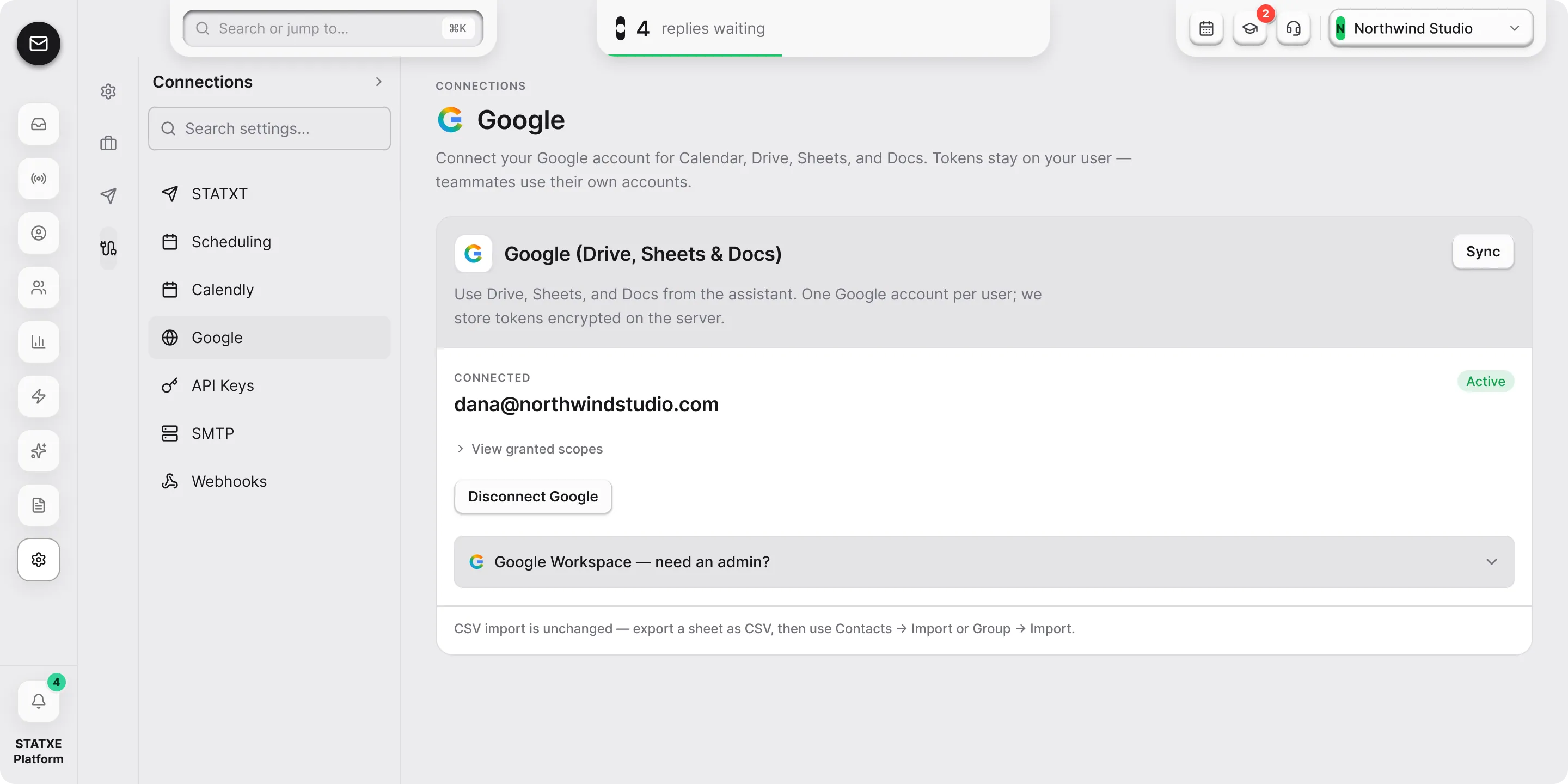Connect Google — Check that it connected