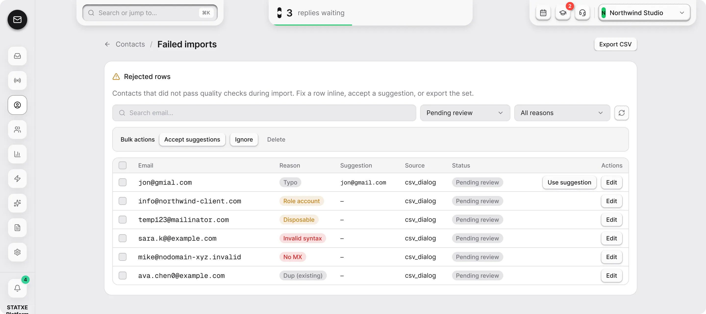 Import a list and fix failed rows — Fix the rejected rows