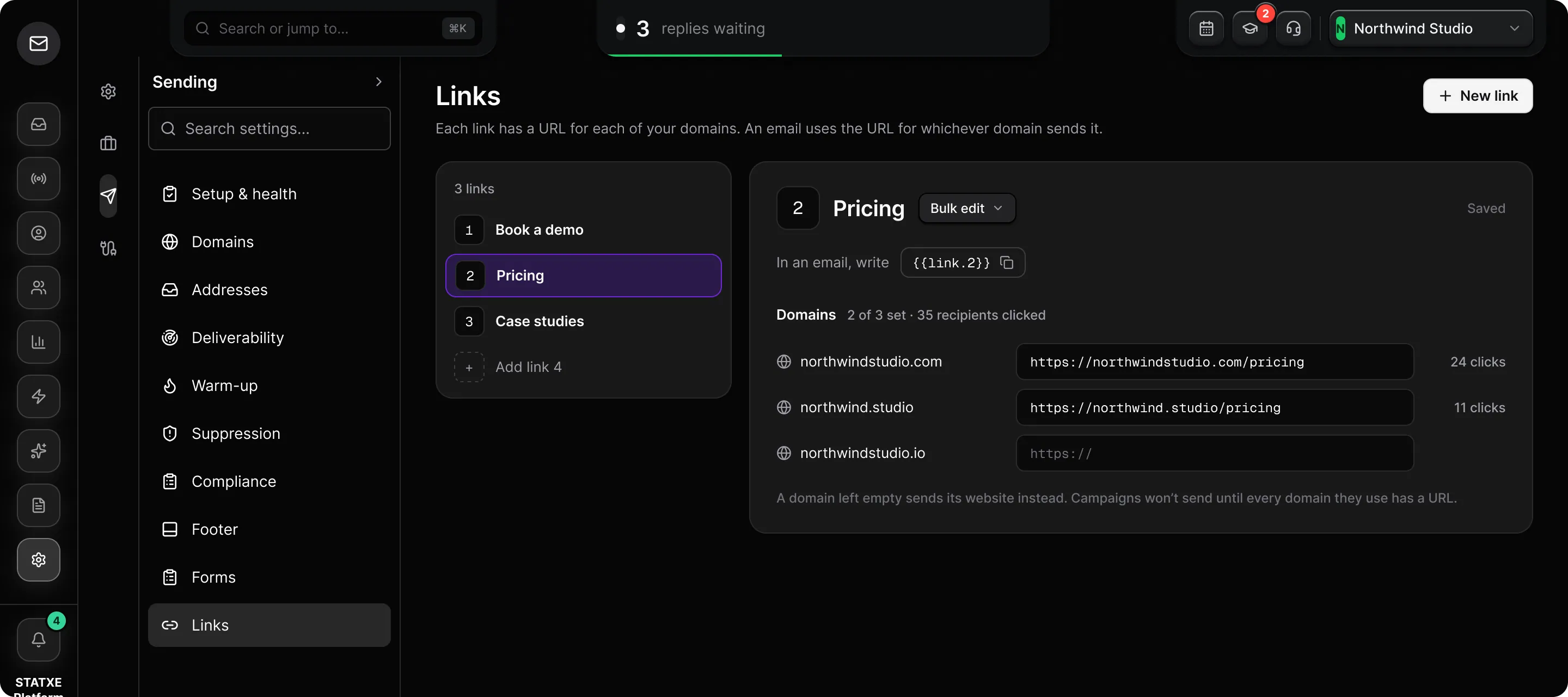 Set up numbered links — Add a link and give each domain a URL