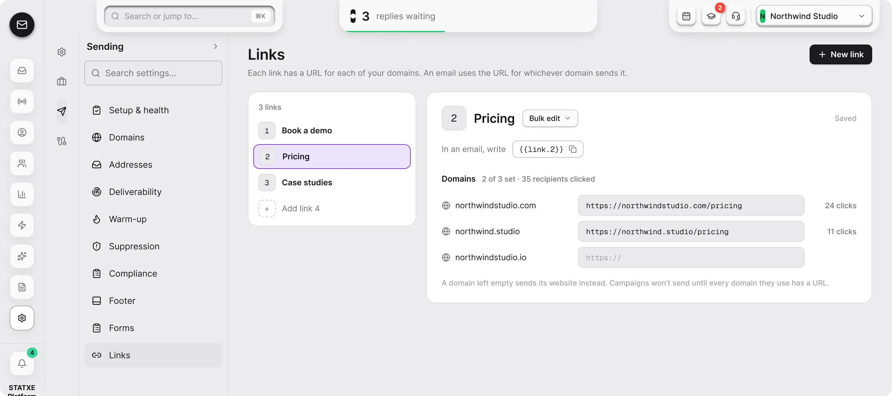 Set up numbered links — Add a link and give each domain a URL