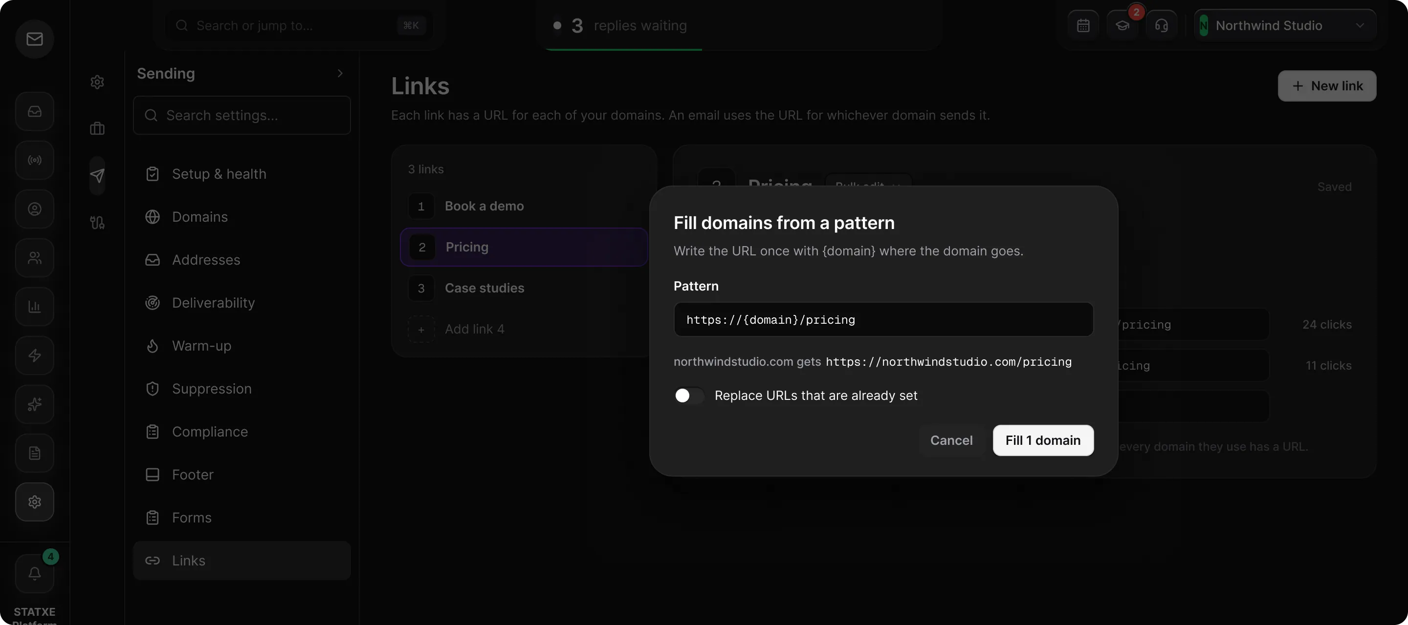 Set up numbered links — Fill every domain at once