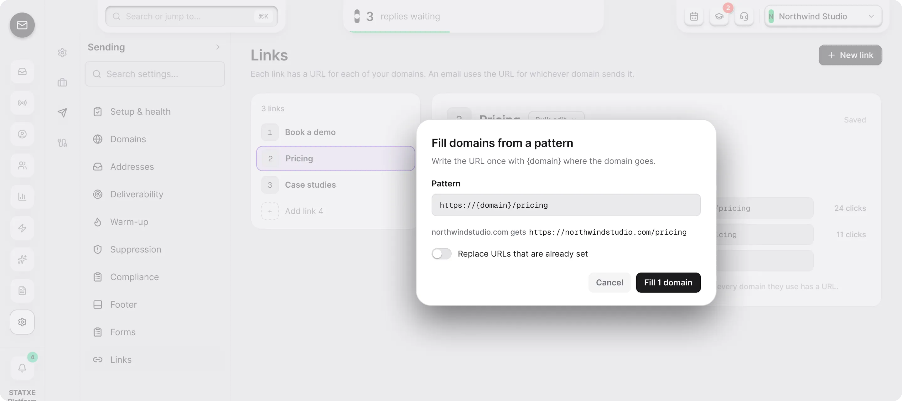 Set up numbered links — Fill every domain at once
