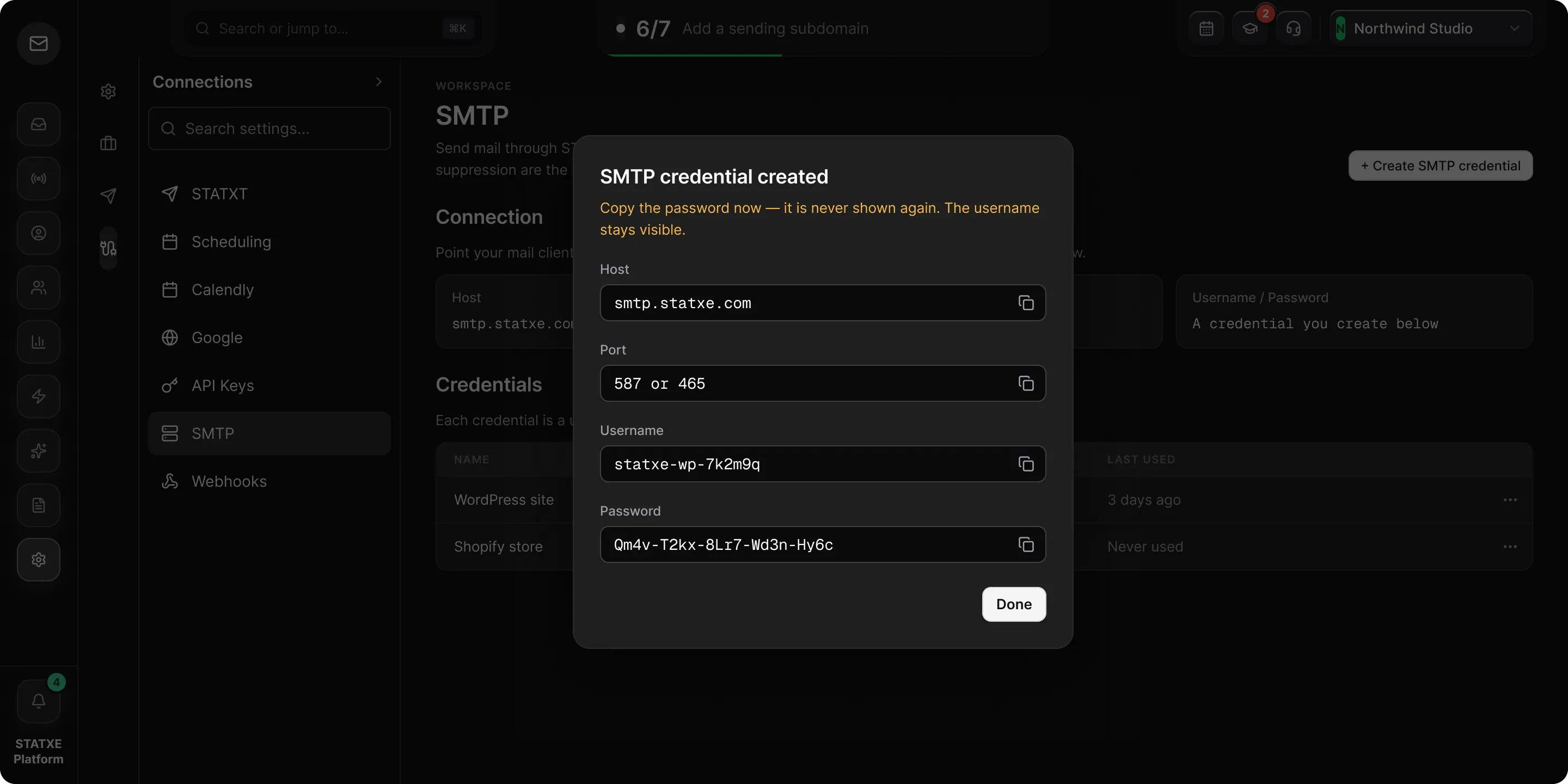 Connect SMTP — Copy the secret once