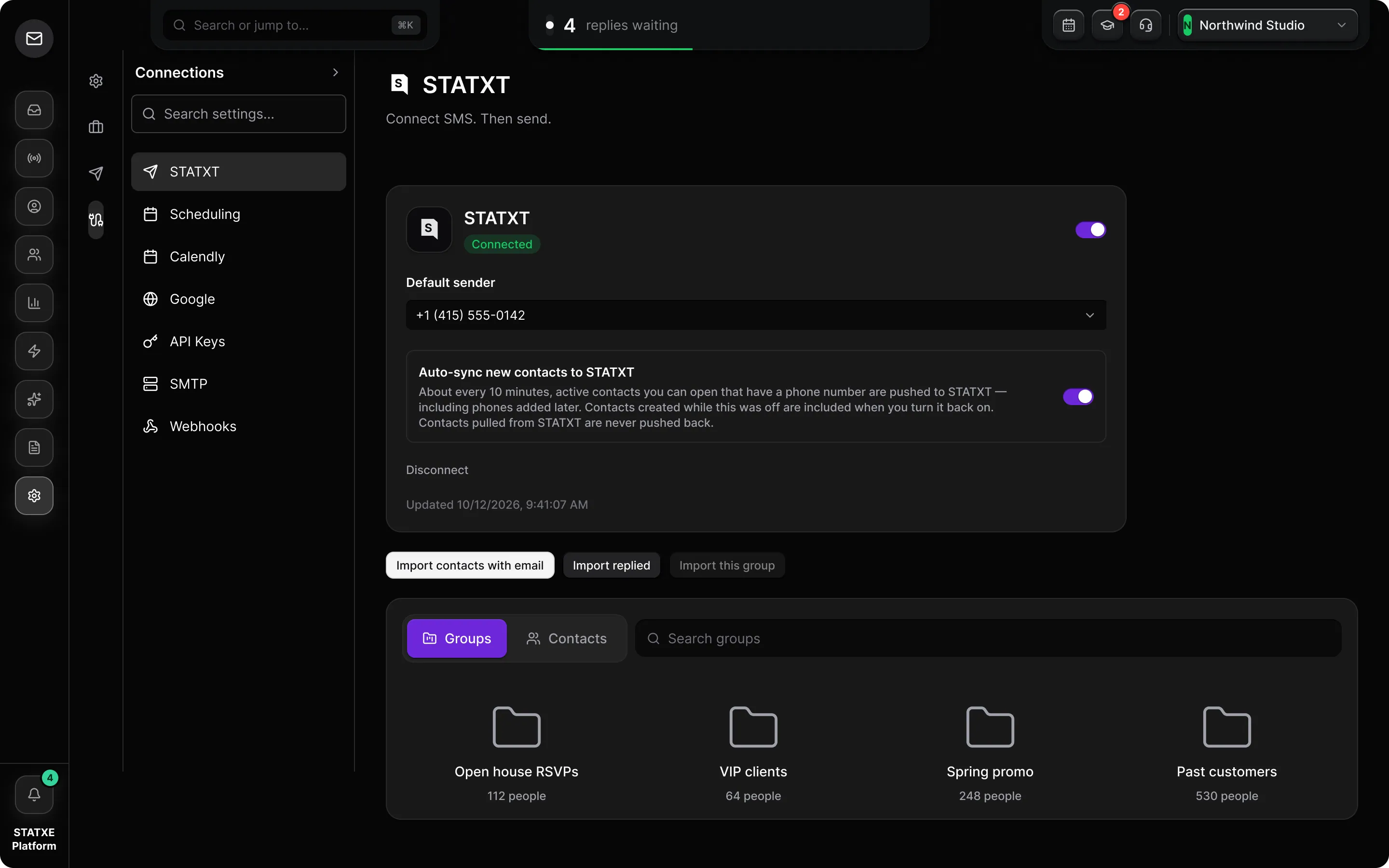 Connect STATXT for SMS — Choose the sender and bring contacts across
