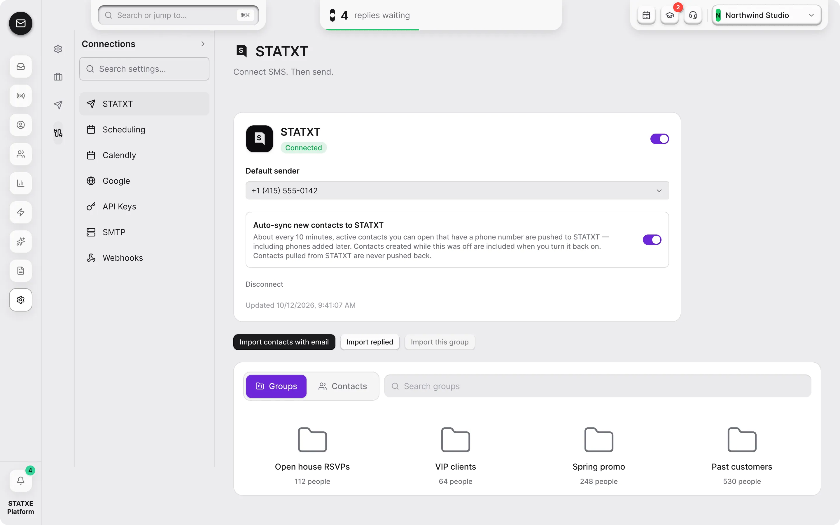 Connect STATXT for SMS — Choose the sender and bring contacts across