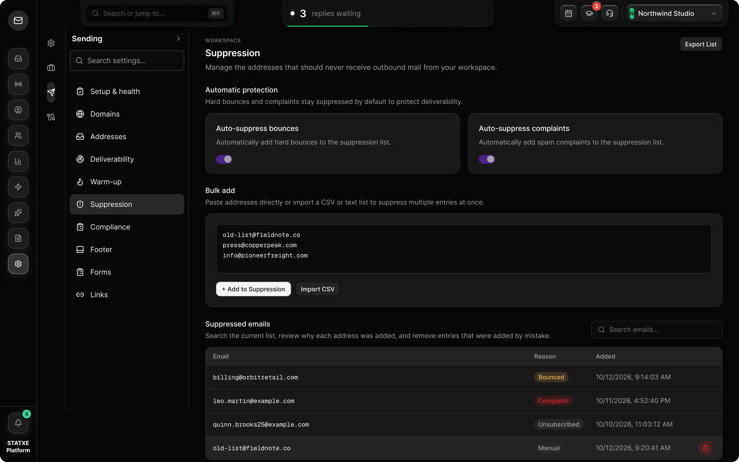 Manage the suppression list — Add and review suppressed addresses
