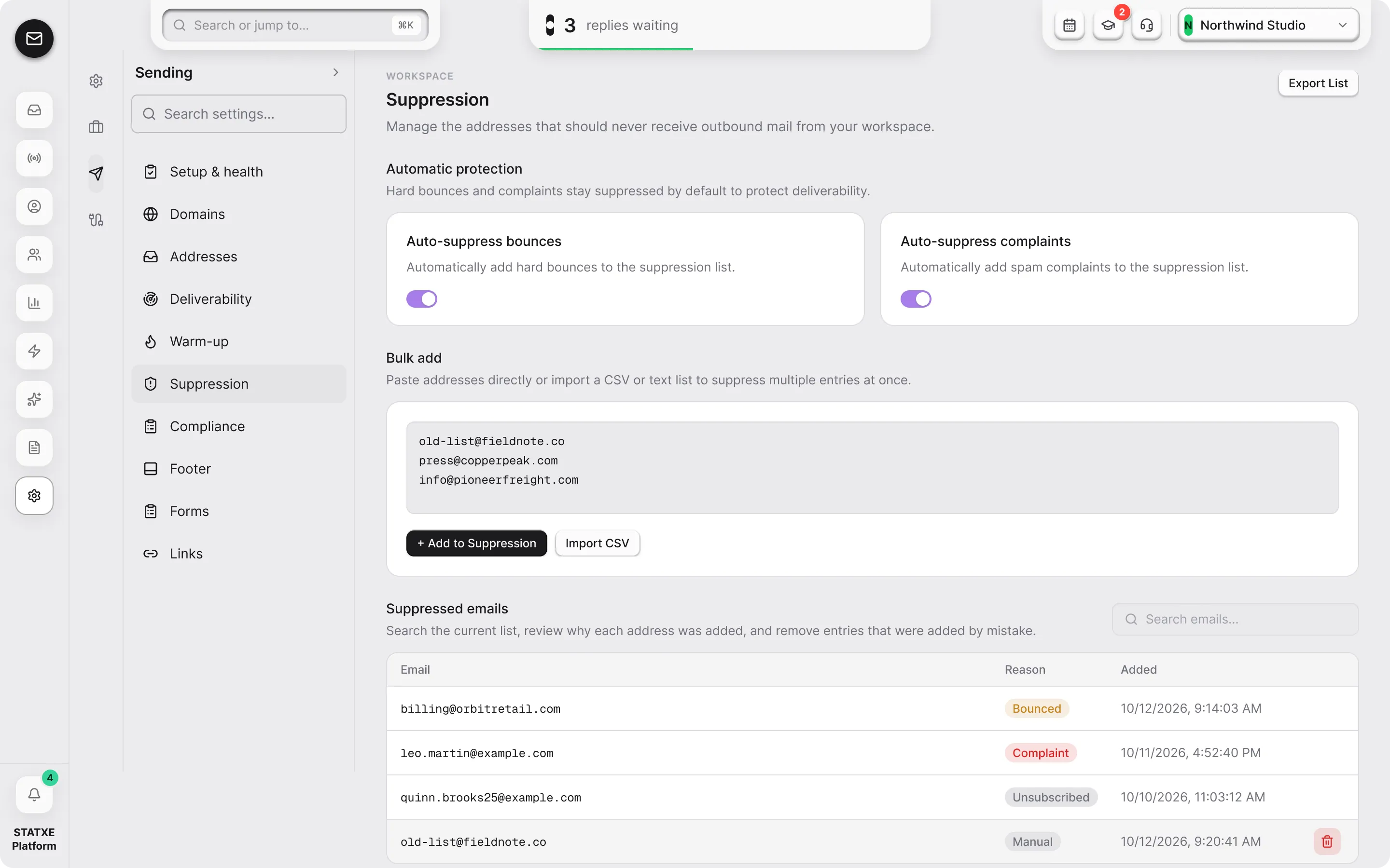Manage the suppression list — Add and review suppressed addresses