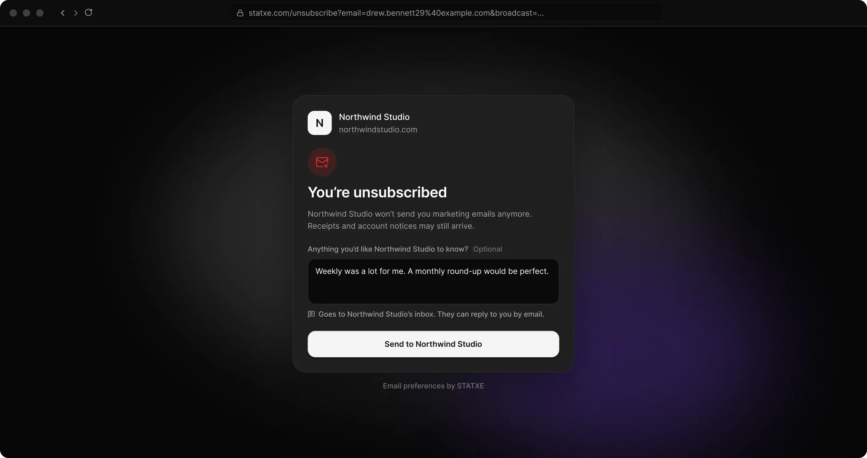 The unsubscribe page — Leave a note after