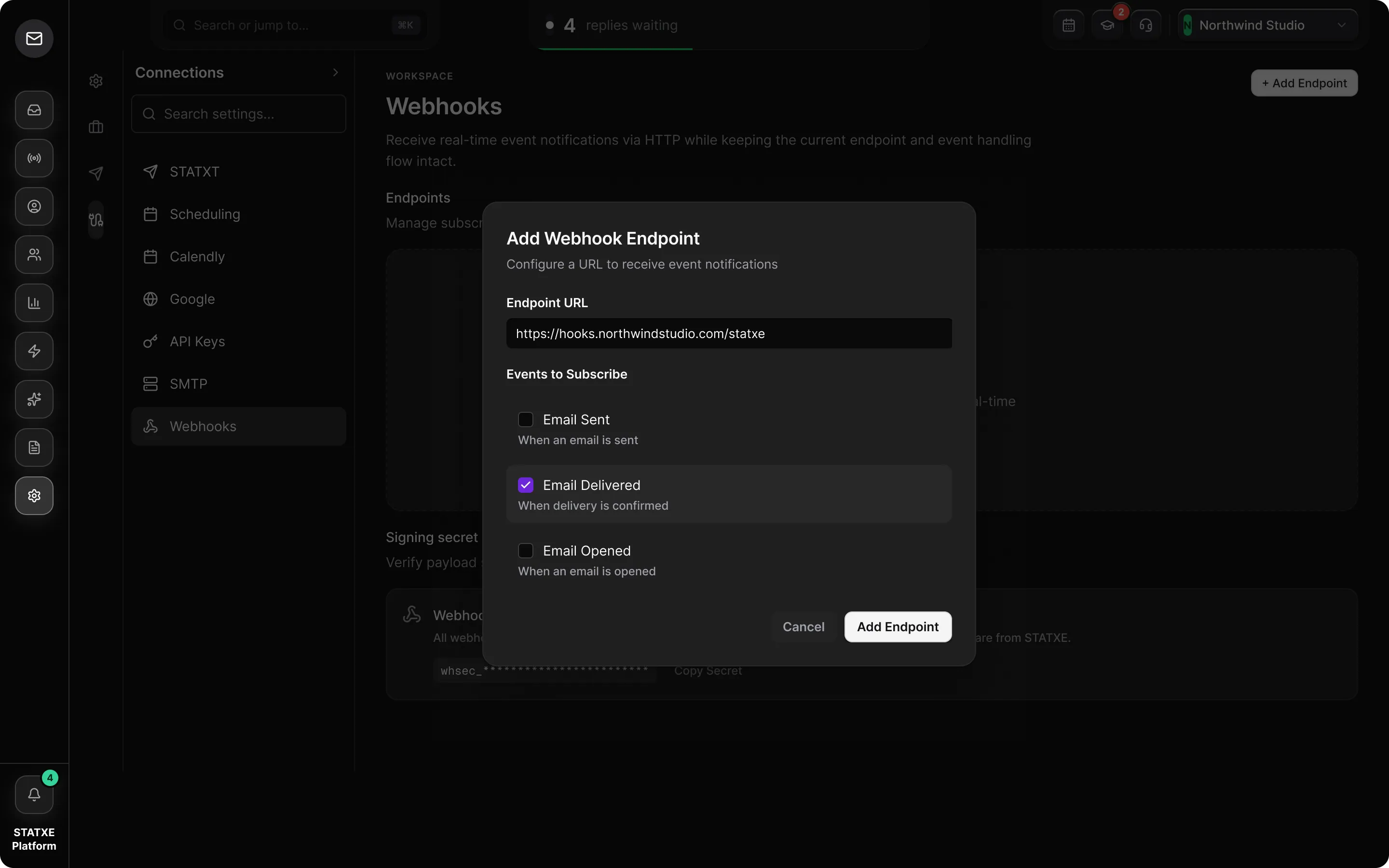 Send events to a webhook — Add an endpoint and pick its events