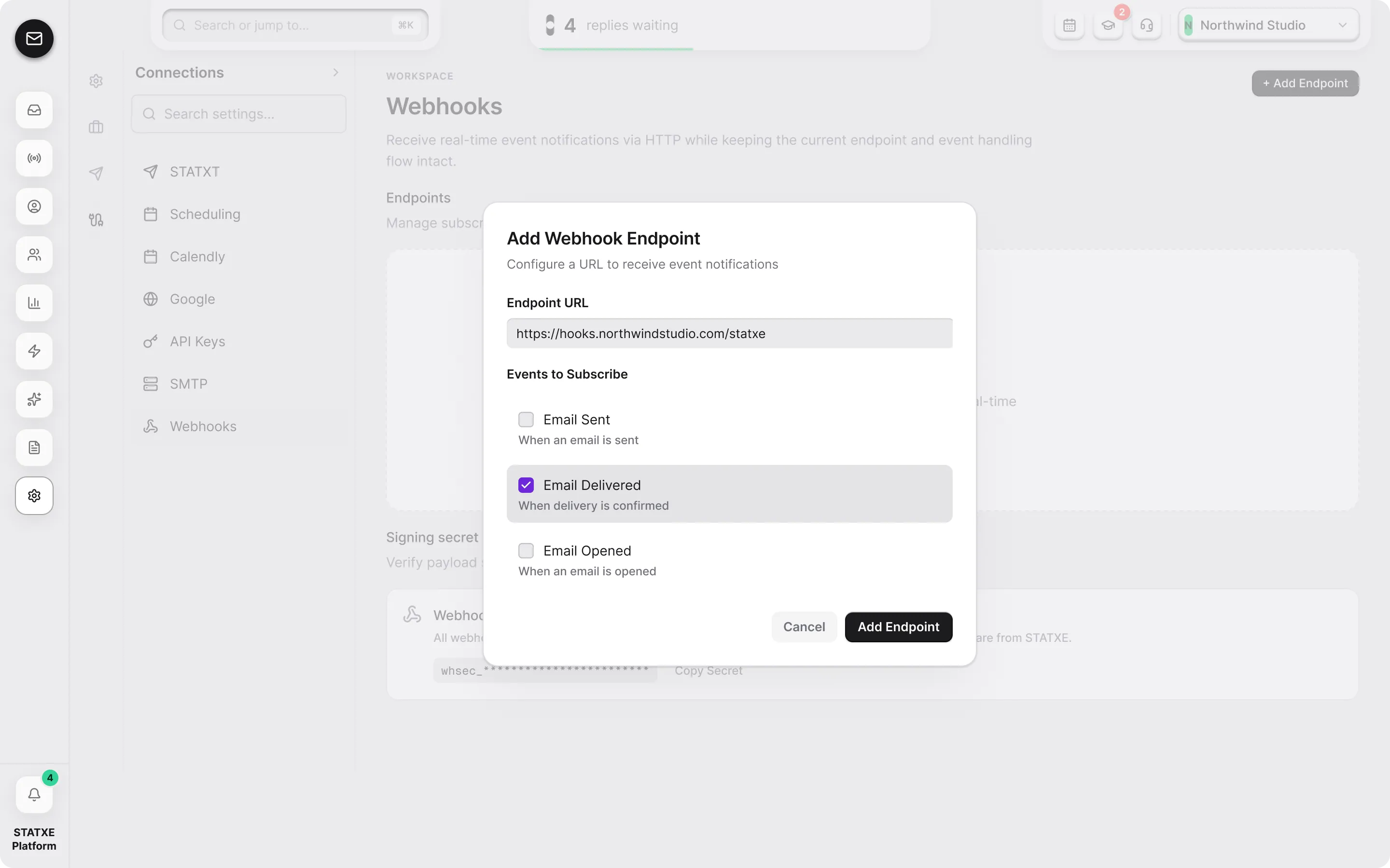 Send events to a webhook — Add an endpoint and pick its events