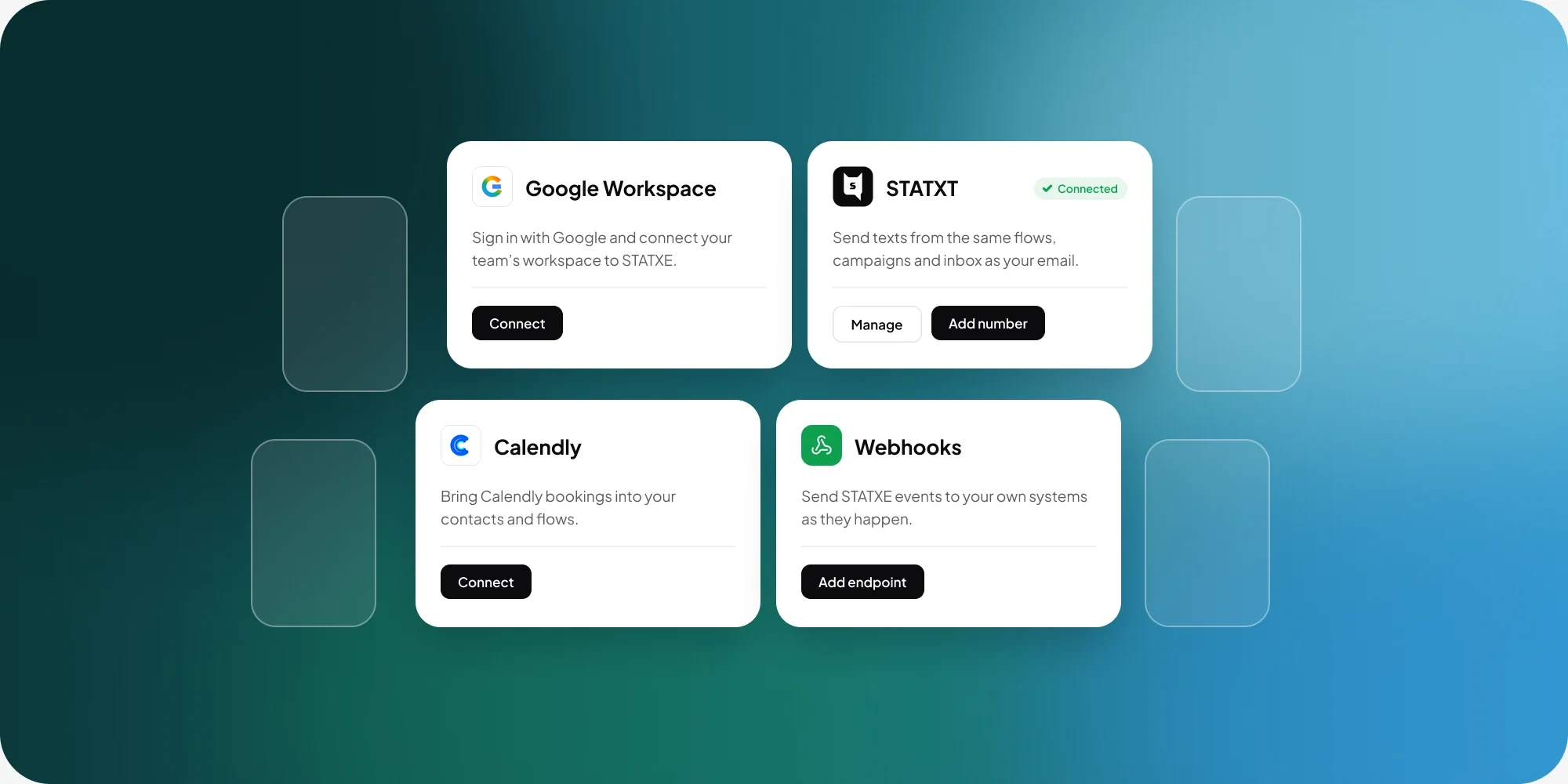 Integration cards for Google Workspace, STATXT, Calendly and webhooks.